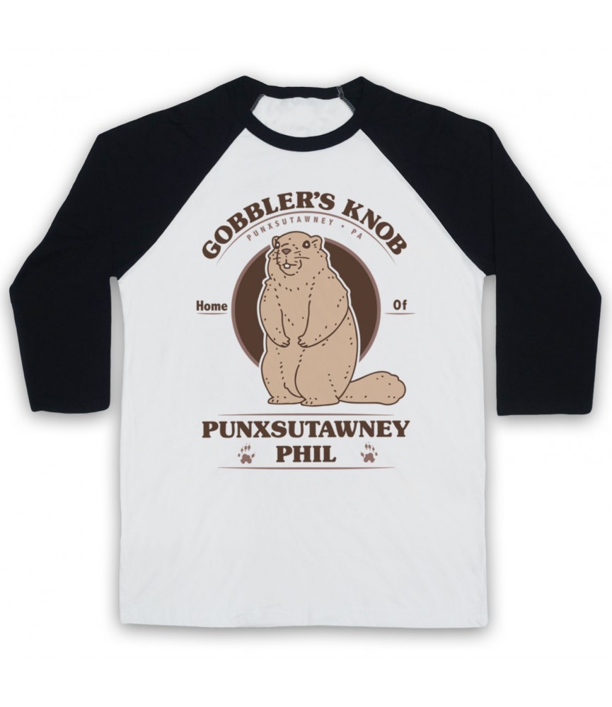 Groundhog Day Gobbler's Knob Punxsutawney Phil Adults White & Black Baseball Tee
