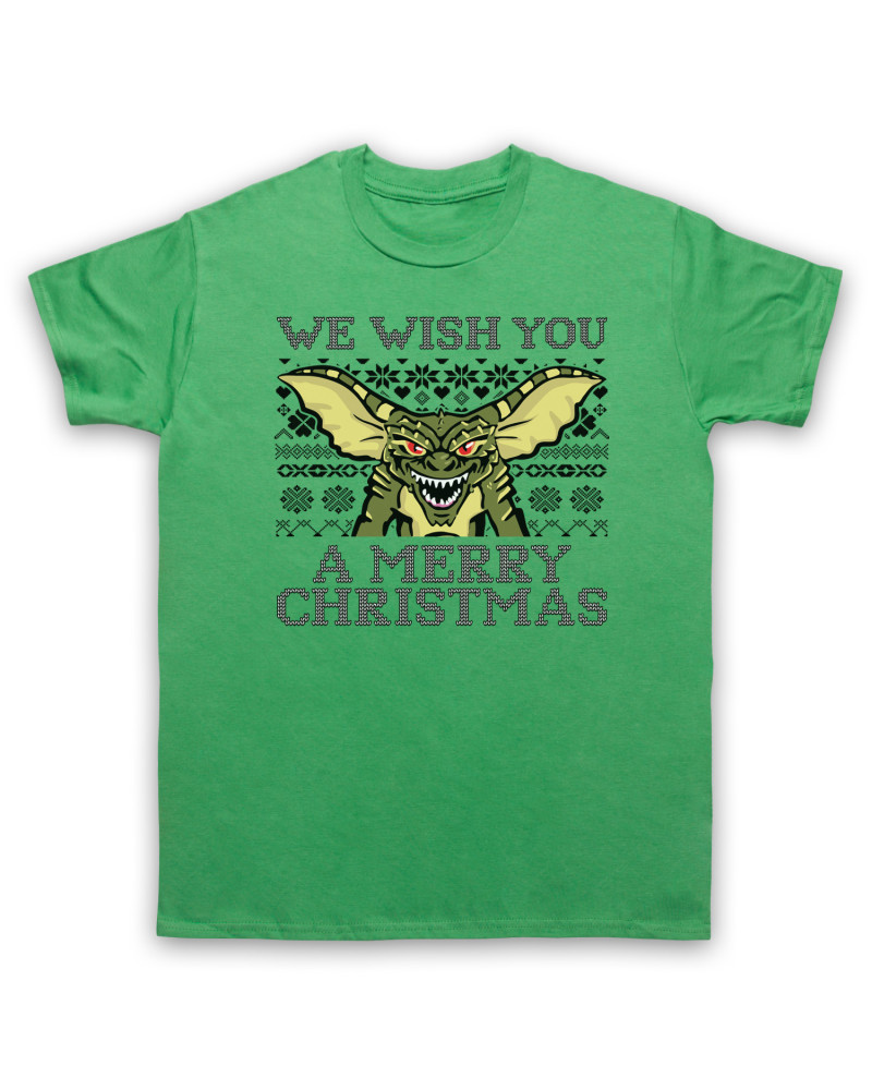 Gremlin We Wish You A Merry Christmas Mens Green T-Shirt from My Icon Clothing